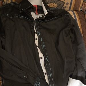 Men's Black Dress Shirt with Blue Stitching